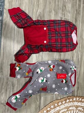 Macy's Red Plaid & Gray Snowman Holiday Dog Pajama Set - large